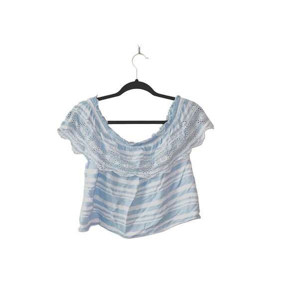American Eagle Outfitters Tops - American Eagle NWOT Light Blue Striped Eyelet Off the Shoulder Top Small Women’s